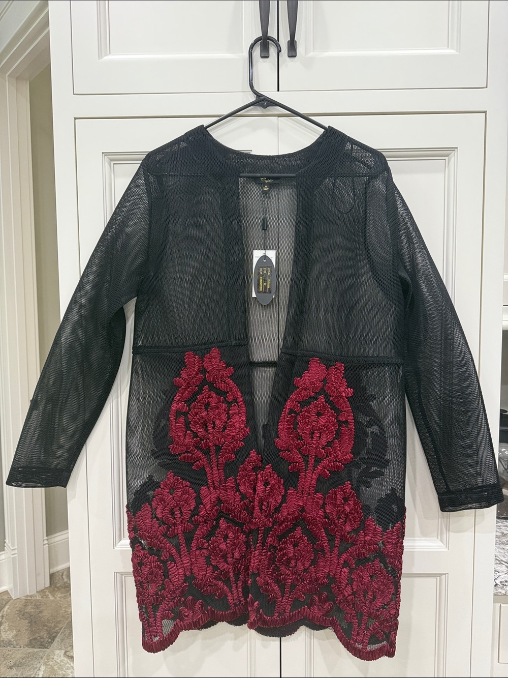 Cupio Black Mesh cardigan with wine color floral embroidery along front hem Med